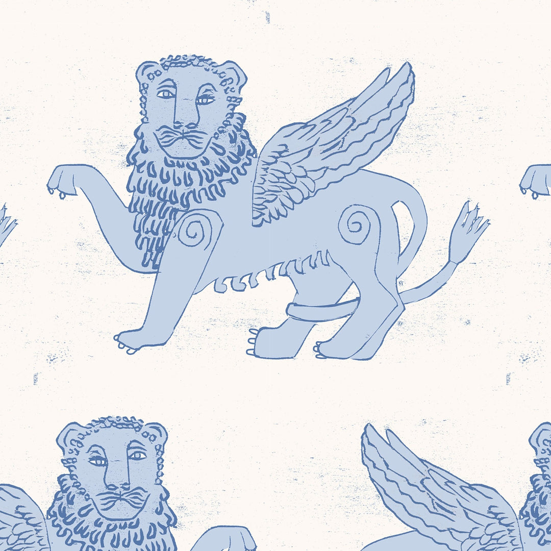 Winged Lion Wallpaper in Delft Blue