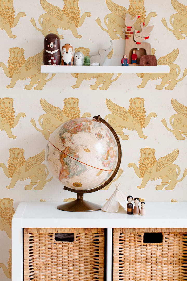 annika-reed-studio-winged-lion-block-printed-wallpaper-yellow-mustard-cream-nursery