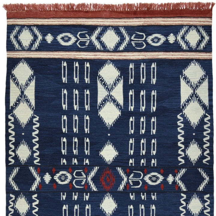 Mind-the-gap-turkish-rugs-kapadokia-indigo-handmade-Kilim-flat-woven-Anatolia-blue-fringing-geometric-pattern-woodstock-boho