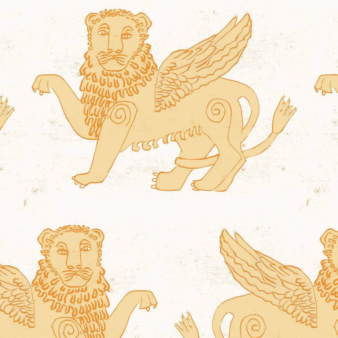annika-reed-studio-winged-lion-linen-fabric-mustard-yellow-greek-mythology-printed-design