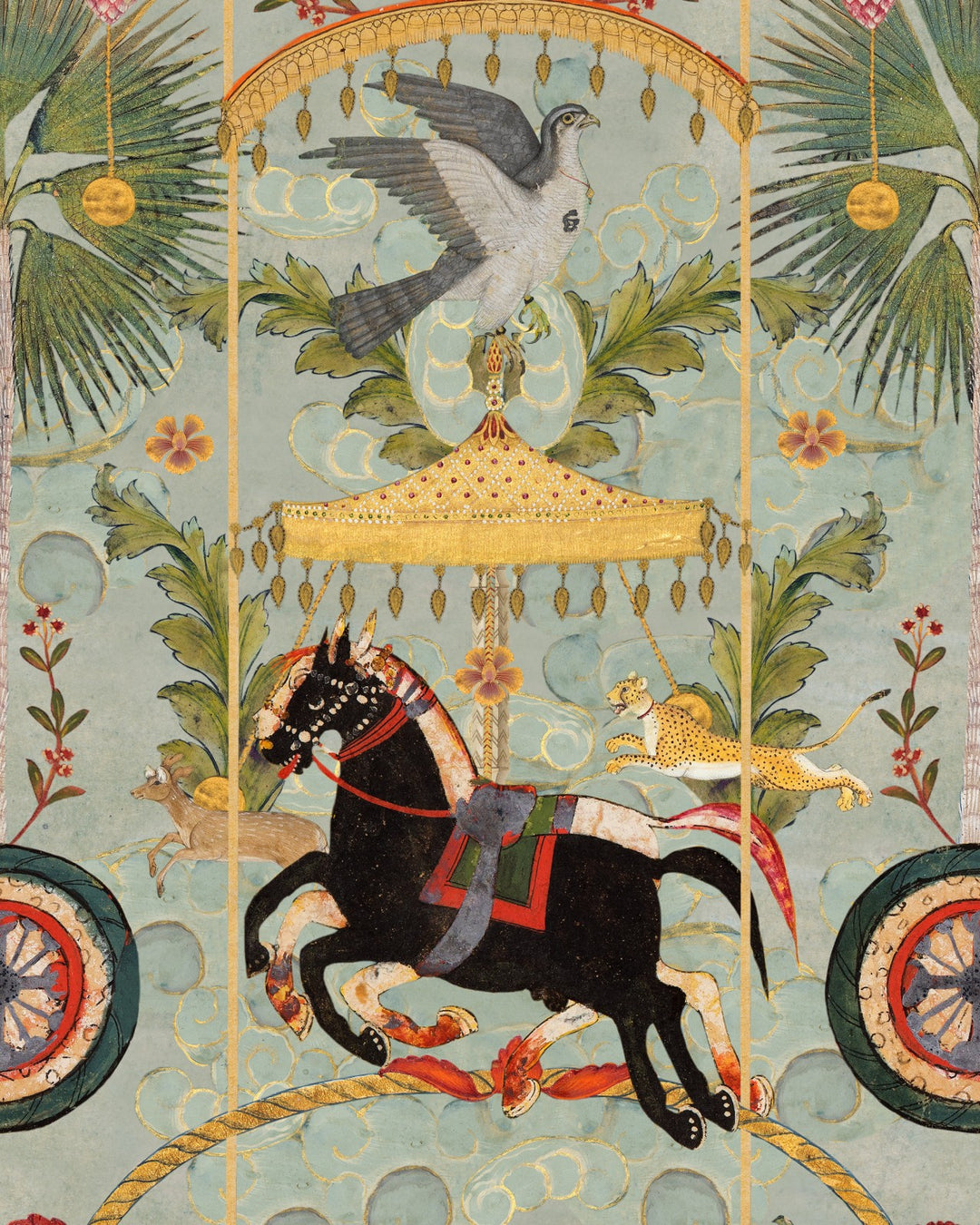 Mind-the-gap-tales-of-Maghreb-collection-wallpaper-Yennayer-agate-print-pracing-horses-decorations-birds-beasts-carnival-wallpaper-print-Indian-Themed-