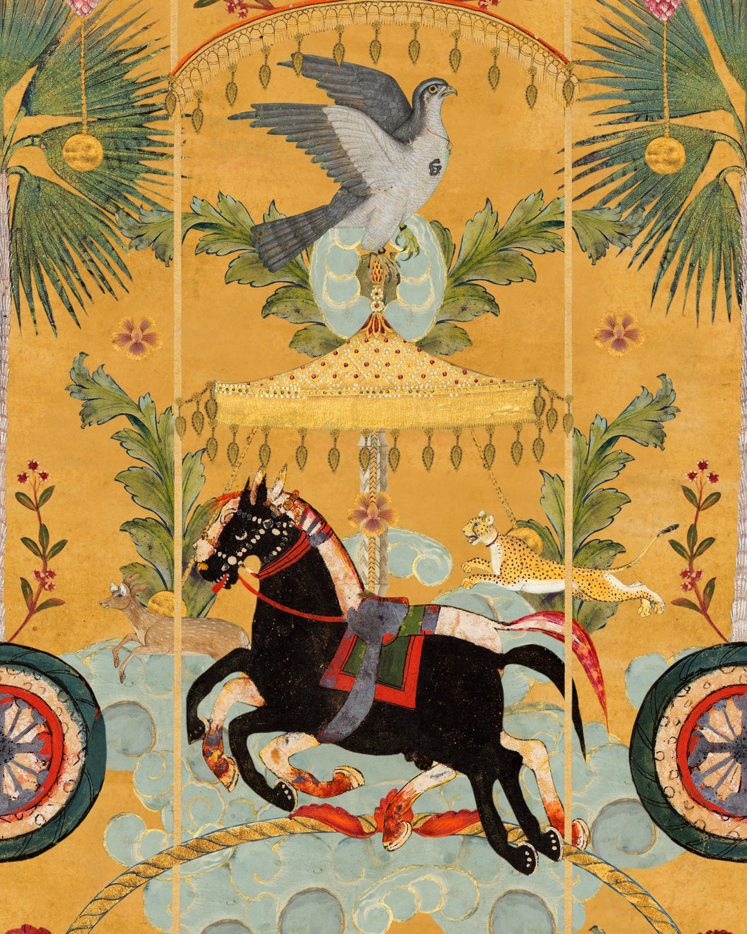 Mind-the-gap-tales-of-Maghreb-collection-wallpaper-Yennayer-amber-print-pracing-horses-decorations-birds-beasts-carnival-wallpaper-print-Indian-Themed-