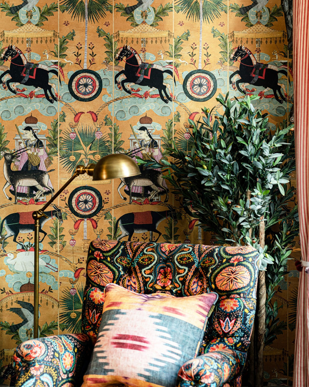 Mind-the-gap-tales-of-Maghreb-collection-wallpaper-Yennayer-agate-print-pracing-horses-decorations-birds-beasts-carnival-wallpaper-print-Indian-Themed-