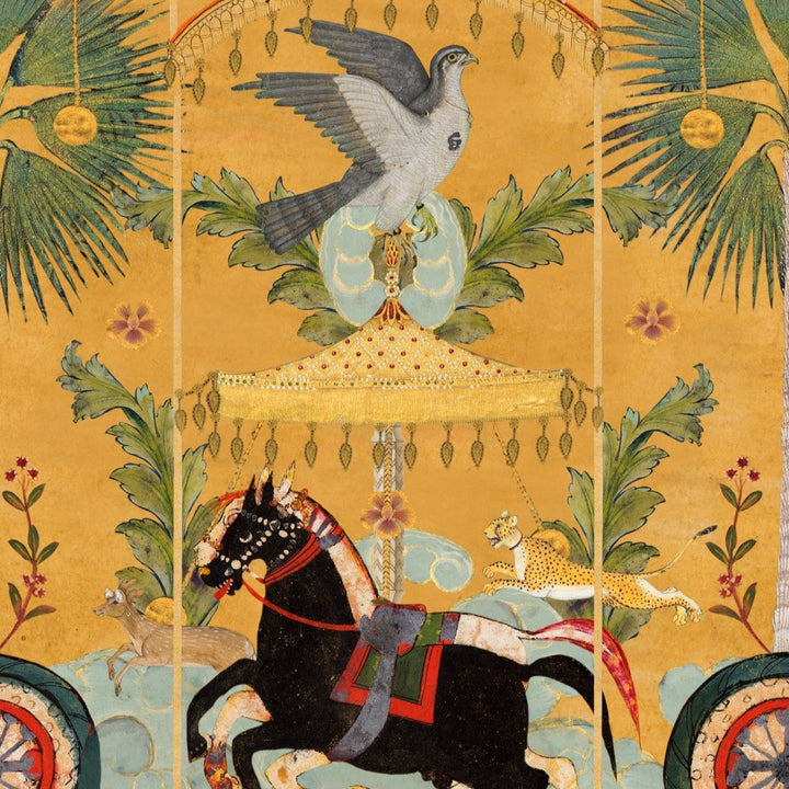 Mind-the-gap-tales-of-Maghreb-collection-wallpaper-Yennayer-amber-print-pracing-horses-decorations-birds-beasts-carnival-wallpaper-print-Indian-Themed-